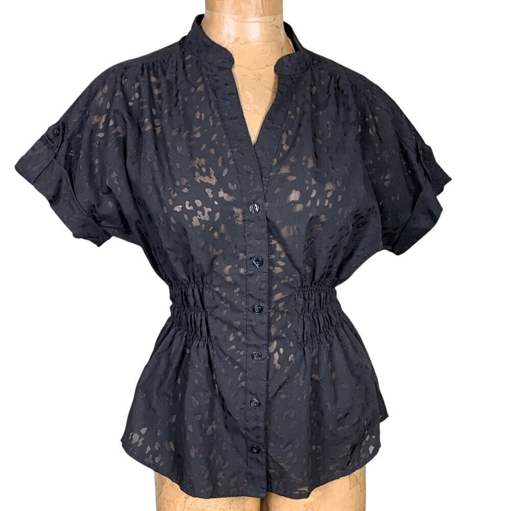 Attention Button Front Short Sleeve Cinch Waist Top Sz S/M Black Semi Sheer 333K